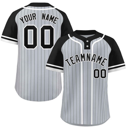 Custom Gray Black-White Stripe Fashion Raglan Sleeves Authentic Two-Button Baseball Jersey