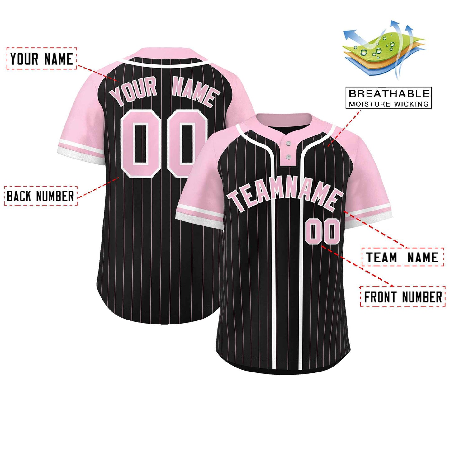 Custom Black Light Pink-White Stripe Fashion Raglan Sleeves Authentic Two-Button Baseball Jersey