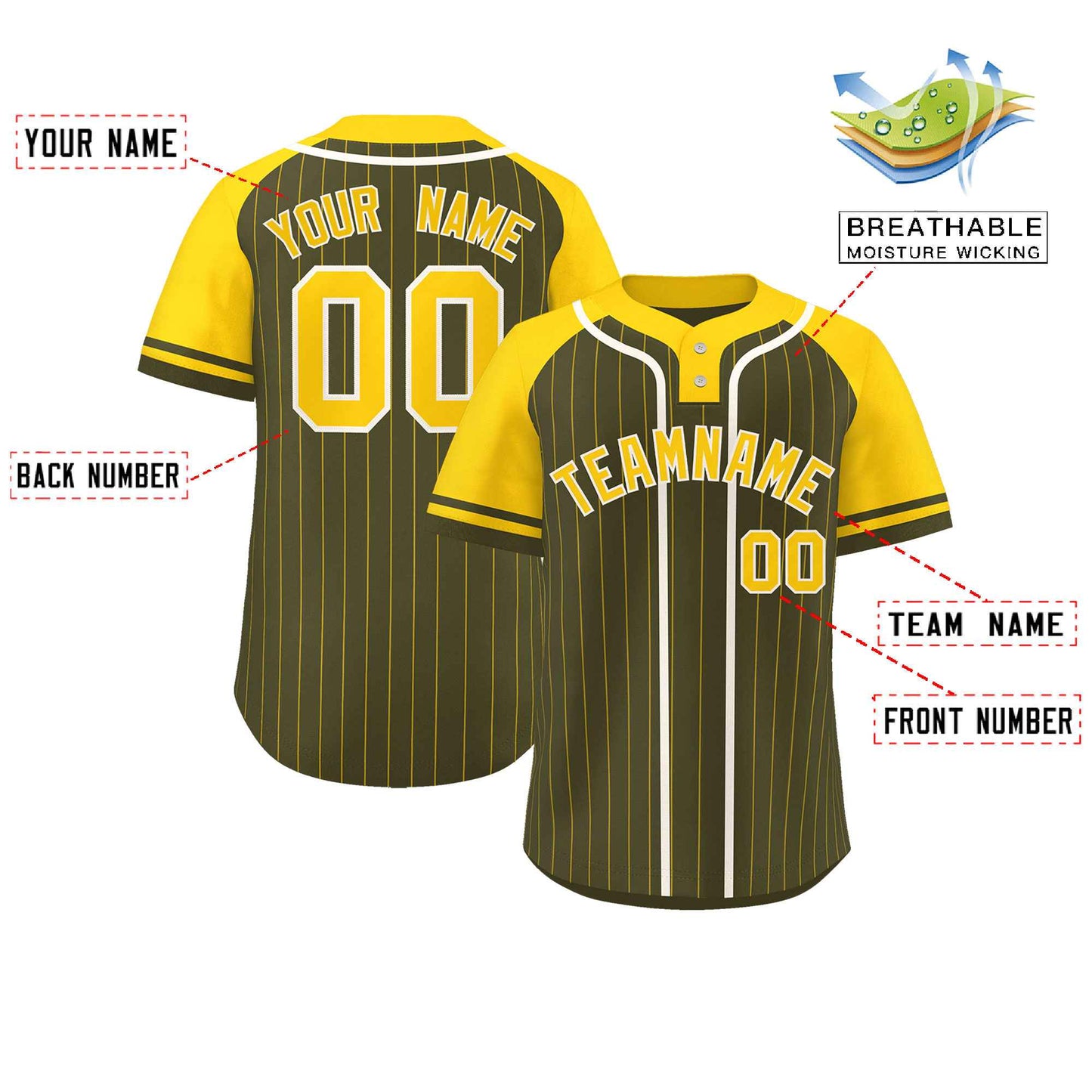 Custom Olive Gold-White Stripe Fashion Raglan Sleeves Authentic Two-Button Baseball Jersey