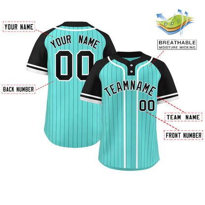 Custom Aqua Black-White Stripe Fashion Raglan Sleeves Authentic Two-Button Baseball Jersey