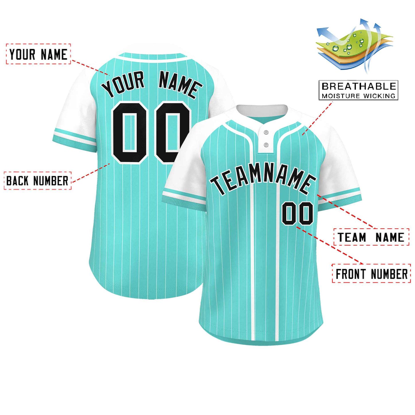 Custom Aqua White Stripe Fashion Raglan Sleeves Authentic Two-Button Baseball Jersey