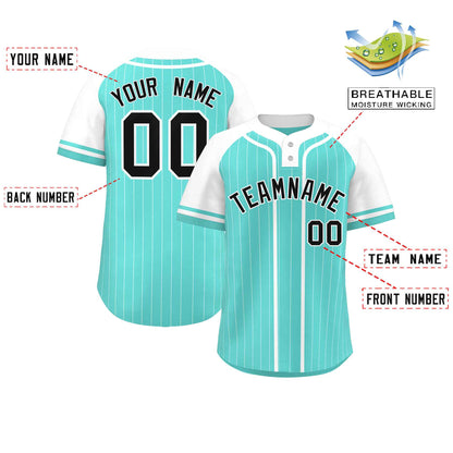 Custom Aqua White Stripe Fashion Raglan Sleeves Authentic Two-Button Baseball Jersey