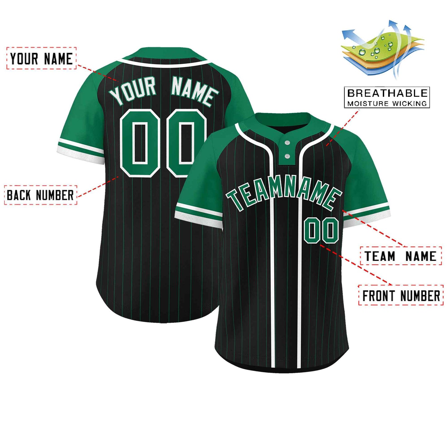 Custom Black Kelly Green-White Stripe Fashion Raglan Sleeves Authentic Two-Button Baseball Jersey