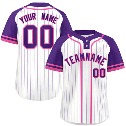 Custom White Purple-Pink Stripe Fashion Raglan Sleeves Authentic Two-Button Baseball Jersey