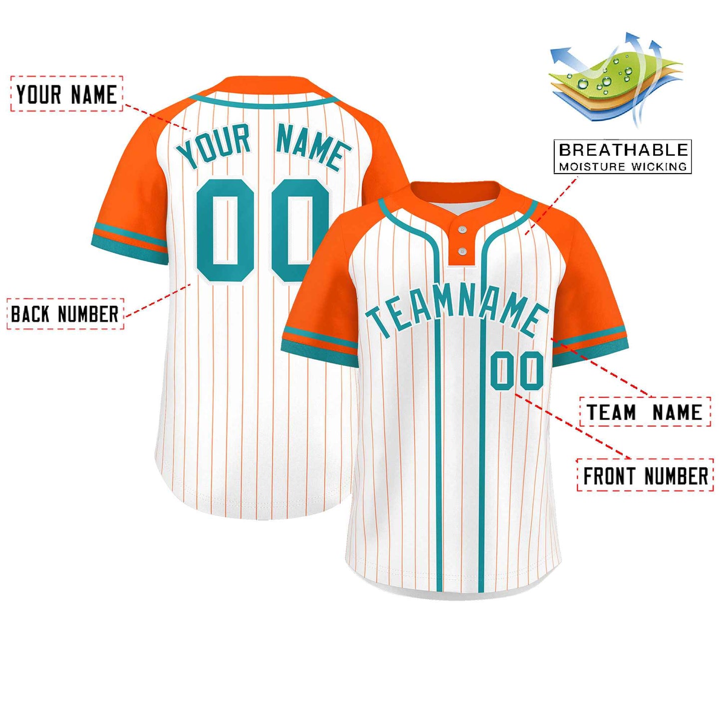 Custom White Orange-Aqua Stripe Fashion Raglan Sleeves Authentic Two-Button Baseball Jersey