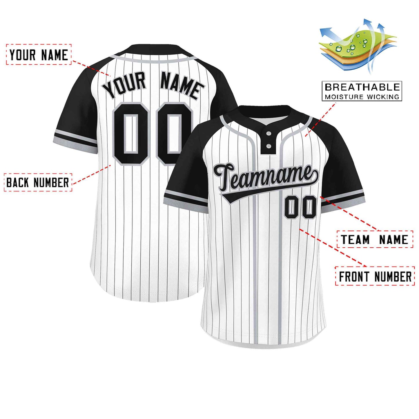 Custom White Black-Gray Stripe Fashion Raglan Sleeves Authentic Two-Button Baseball Jersey