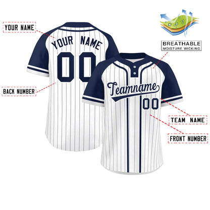 Custom White Navy Stripe Fashion Raglan Sleeves Authentic Two-Button Baseball Jersey