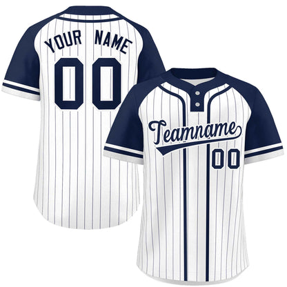 Custom White Navy Stripe Fashion Raglan Sleeves Authentic Two-Button Baseball Jersey