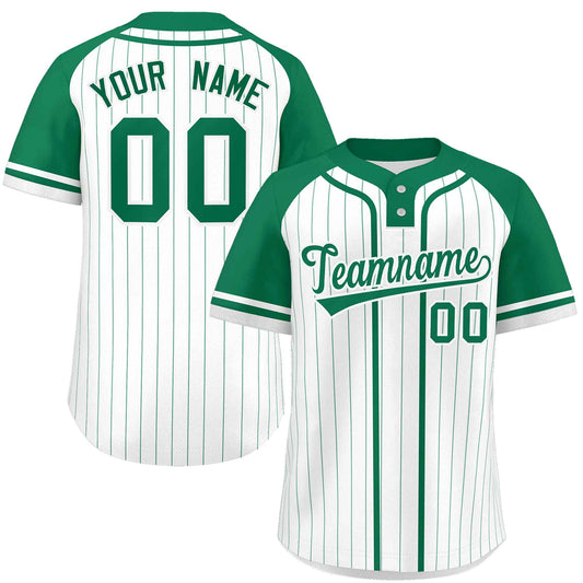 Custom White Kelly Green Stripe Fashion Raglan Sleeves Authentic Two-Button Baseball Jersey