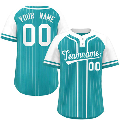 Custom Aqua White Stripe Fashion Raglan Sleeves Authentic Two-Button Baseball Jersey