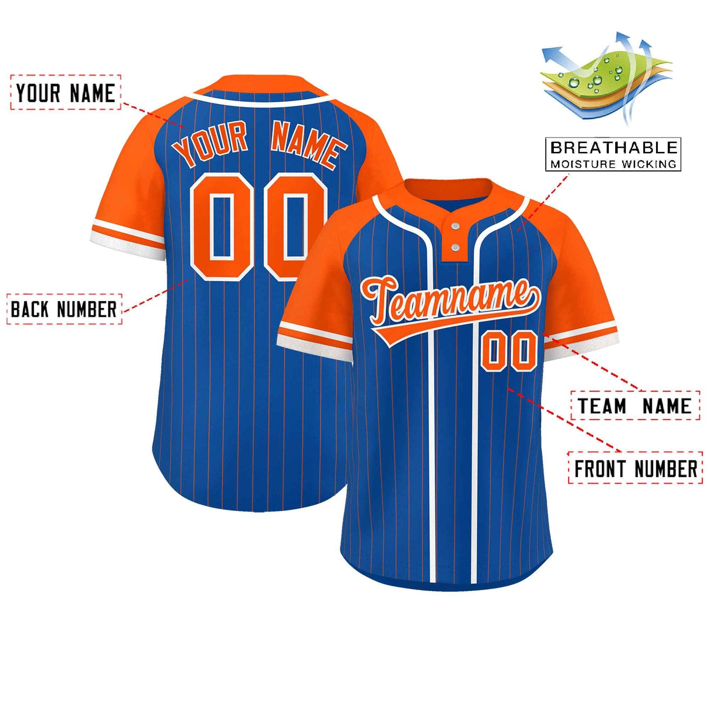 Custom Royal Orange-White Stripe Fashion Raglan Sleeves Authentic Two-Button Baseball Jersey