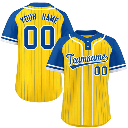 Custom Gold Royal-White Stripe Fashion Raglan Sleeves Authentic Two-Button Baseball Jersey