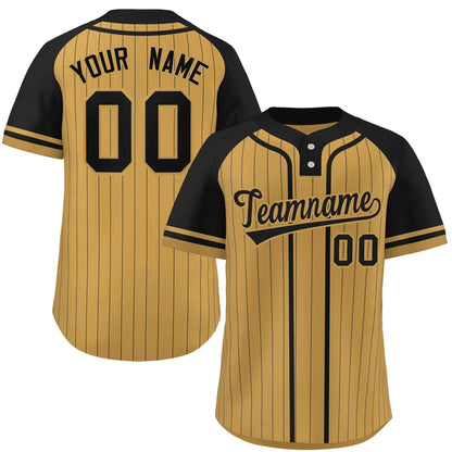 Custom Old Gold Black Stripe Fashion Raglan Sleeves Authentic Two-Button Baseball Jersey