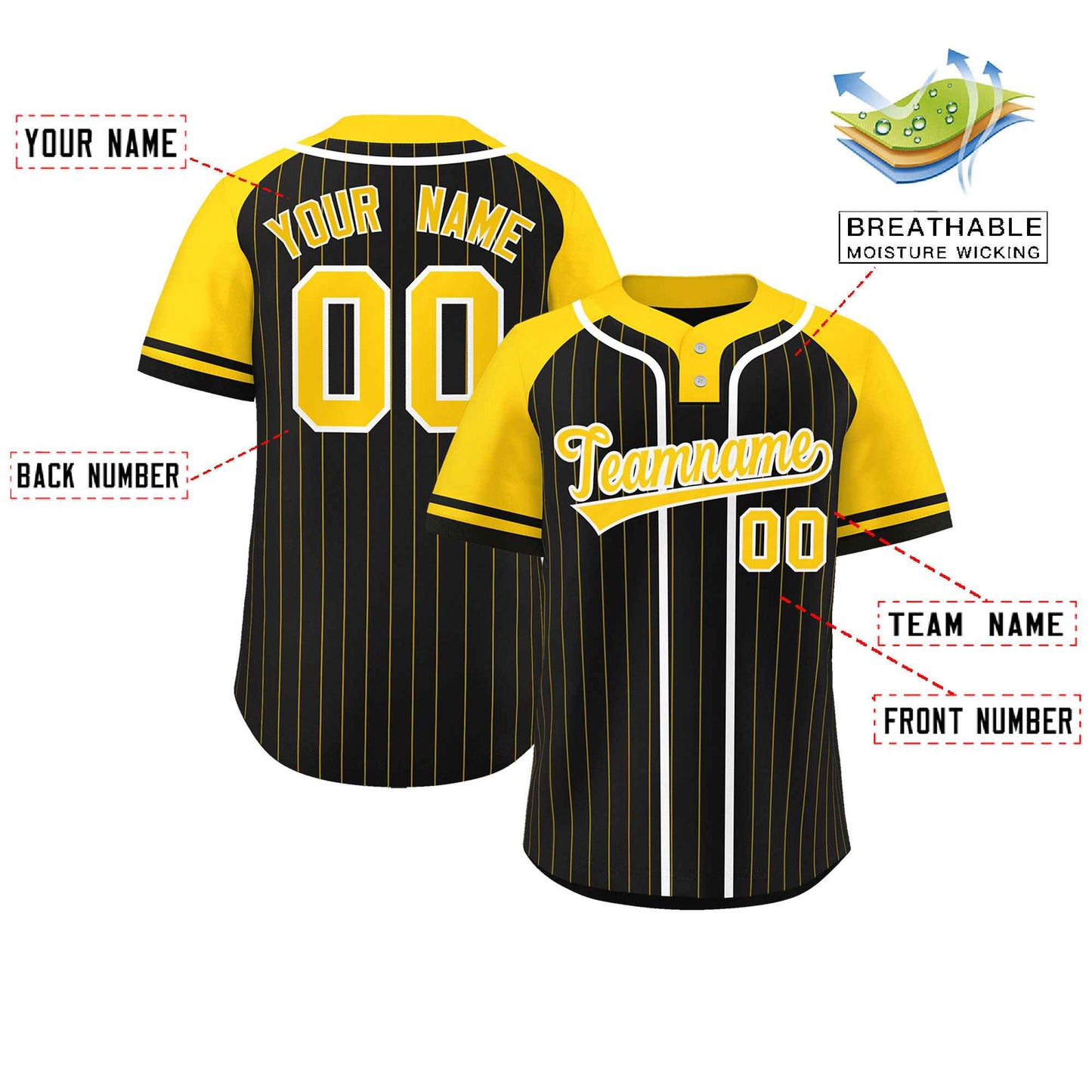 Custom Black Gold-White Stripe Fashion Raglan Sleeves Authentic Two-Button Baseball Jersey