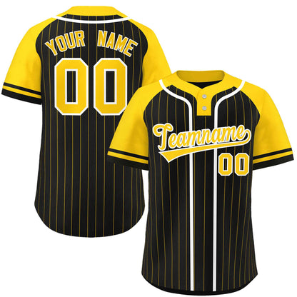 Custom Black Gold-White Stripe Fashion Raglan Sleeves Authentic Two-Button Baseball Jersey