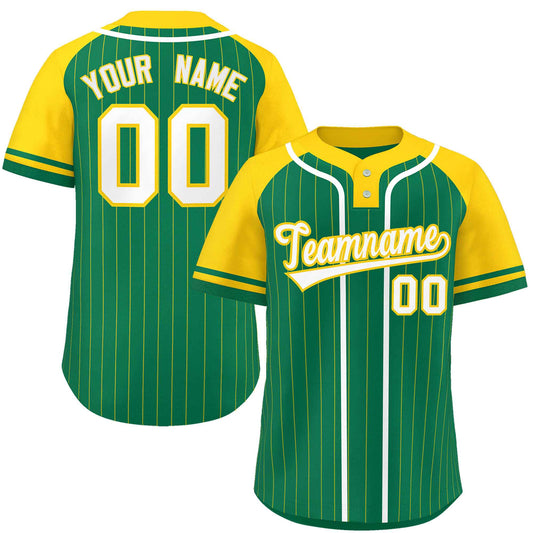 Custom Kelly Green Gold-White Stripe Fashion Raglan Sleeves Authentic Two-Button Baseball Jersey