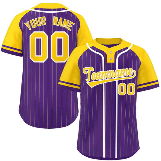 Custom Purple Gold-White Stripe Fashion Raglan Sleeves Authentic Two-Button Baseball Jersey