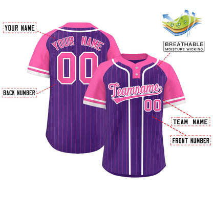 Custom Purple Pink-White Stripe Fashion Raglan Sleeves Authentic Two-Button Baseball Jersey