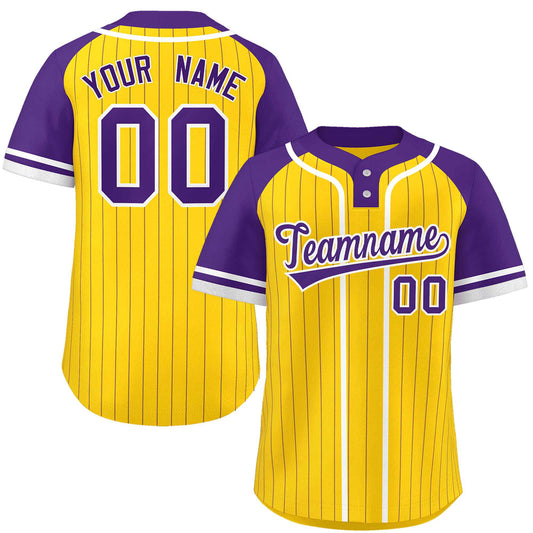 Custom Gold Purple-White Stripe Fashion Raglan Sleeves Authentic Two-Button Baseball Jersey