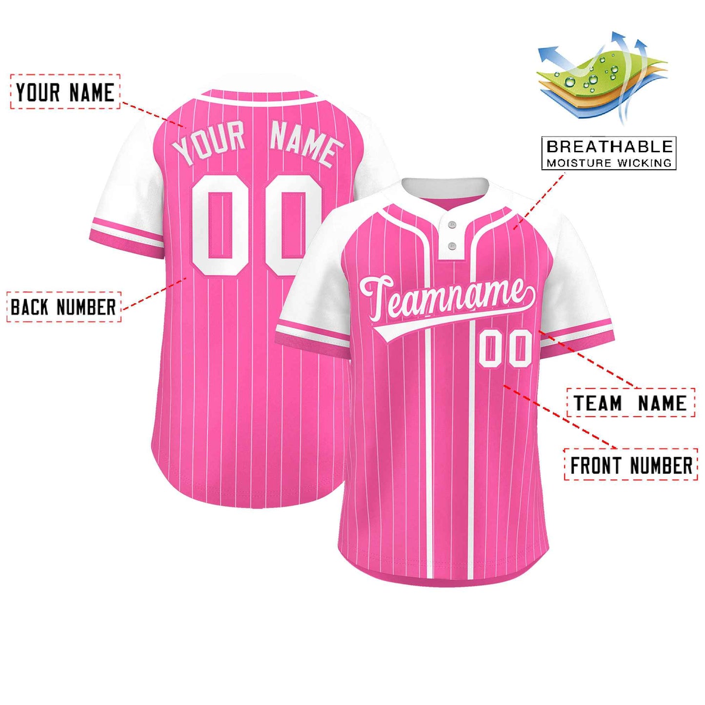 Custom Pink White Stripe Fashion Raglan Sleeves Authentic Two-Button Baseball Jersey