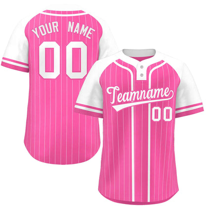 Custom Pink White Stripe Fashion Raglan Sleeves Authentic Two-Button Baseball Jersey