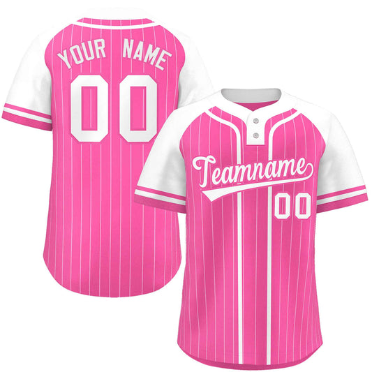 Custom Pink White Stripe Fashion Raglan Sleeves Authentic Two-Button Baseball Jersey