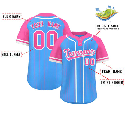 Custom Powder Blue Pink-White Stripe Fashion Raglan Sleeves Authentic Two-Button Baseball Jersey