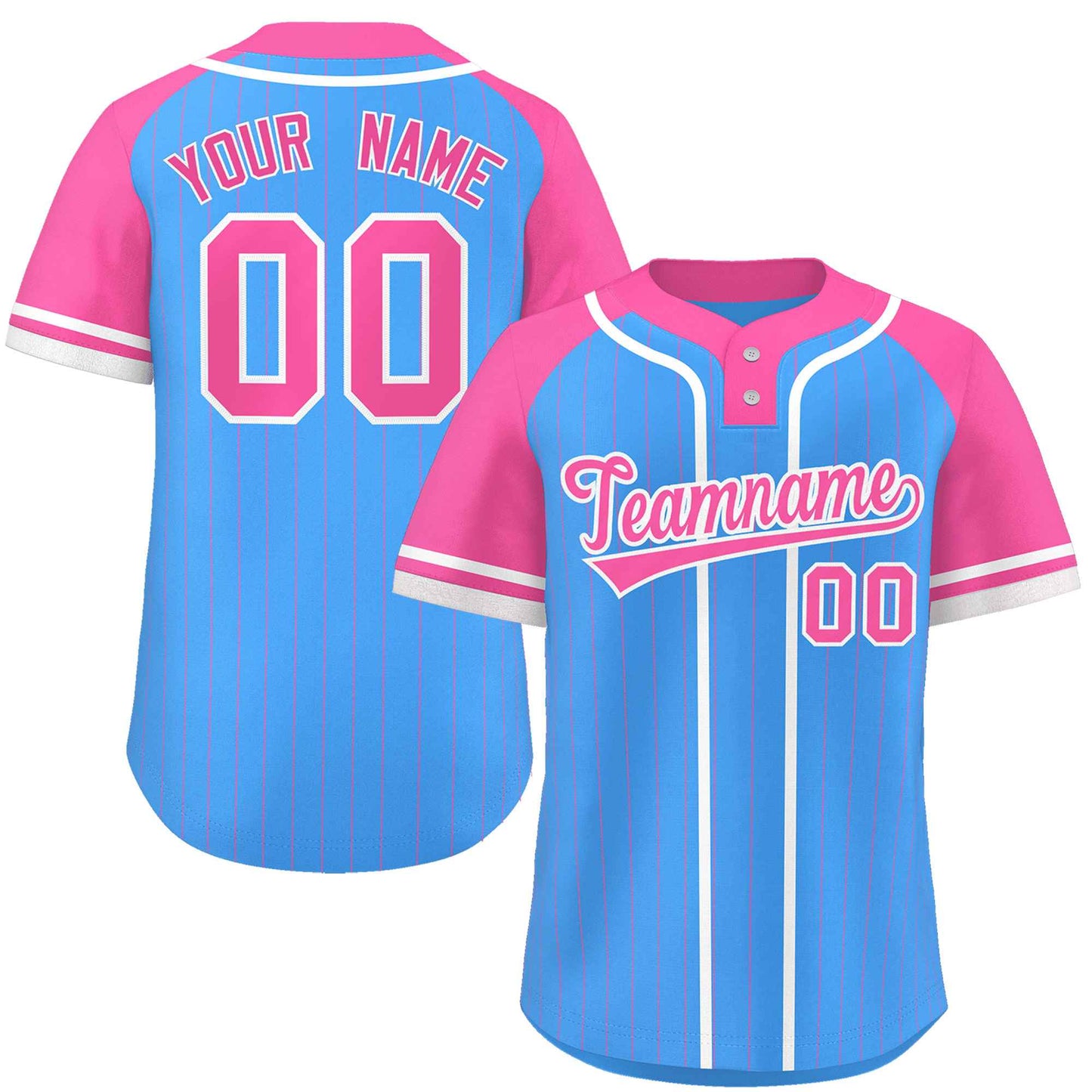 Custom Powder Blue Pink-White Stripe Fashion Raglan Sleeves Authentic Two-Button Baseball Jersey