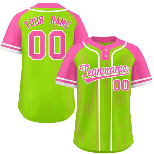 Custom Neon Green Pink-White Stripe Fashion Raglan Sleeves Authentic Two-Button Baseball Jersey