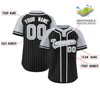 Custom Black Gray-White Stripe Fashion Raglan Sleeves Authentic Two-Button Baseball Jersey