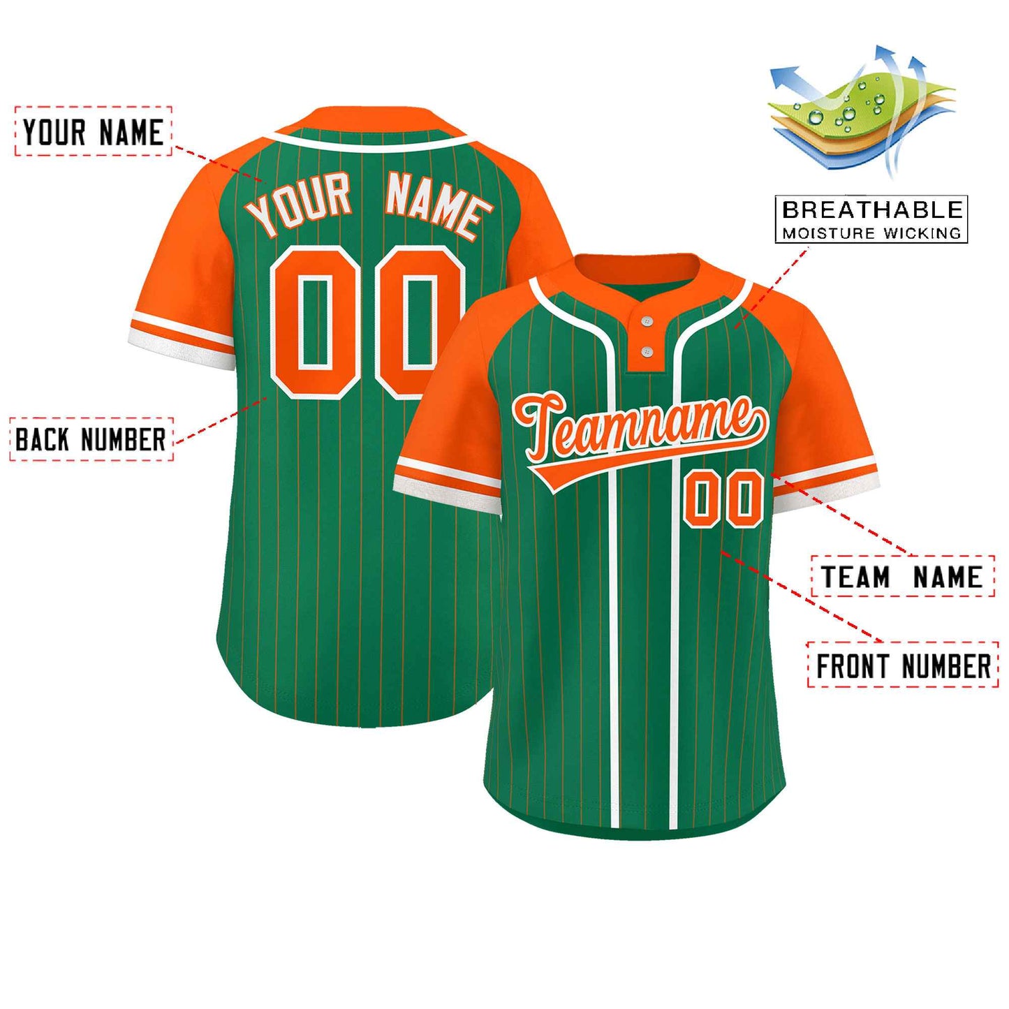 Custom Kelly Green Orange-White Stripe Fashion Raglan Sleeves Authentic Two-Button Baseball Jersey