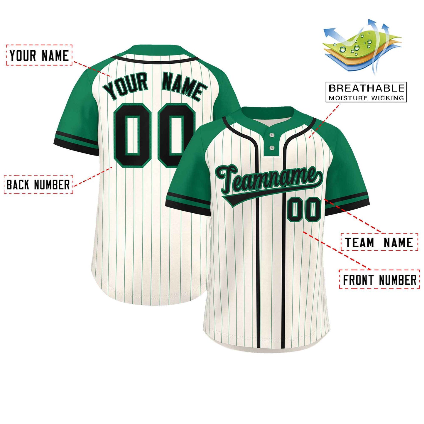 Custom Cream Kelly Green-Black Stripe Fashion Raglan Sleeves Authentic Two-Button Baseball Jersey