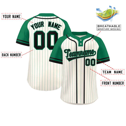 Custom Cream Kelly Green-Black Stripe Fashion Raglan Sleeves Authentic Two-Button Baseball Jersey