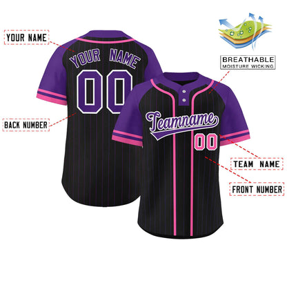 Custom Black Purple-Pink Stripe Fashion Raglan Sleeves Authentic Two-Button Baseball Jersey