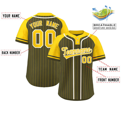 Custom Olive Gold-White Stripe Fashion Raglan Sleeves Authentic Two-Button Baseball Jersey