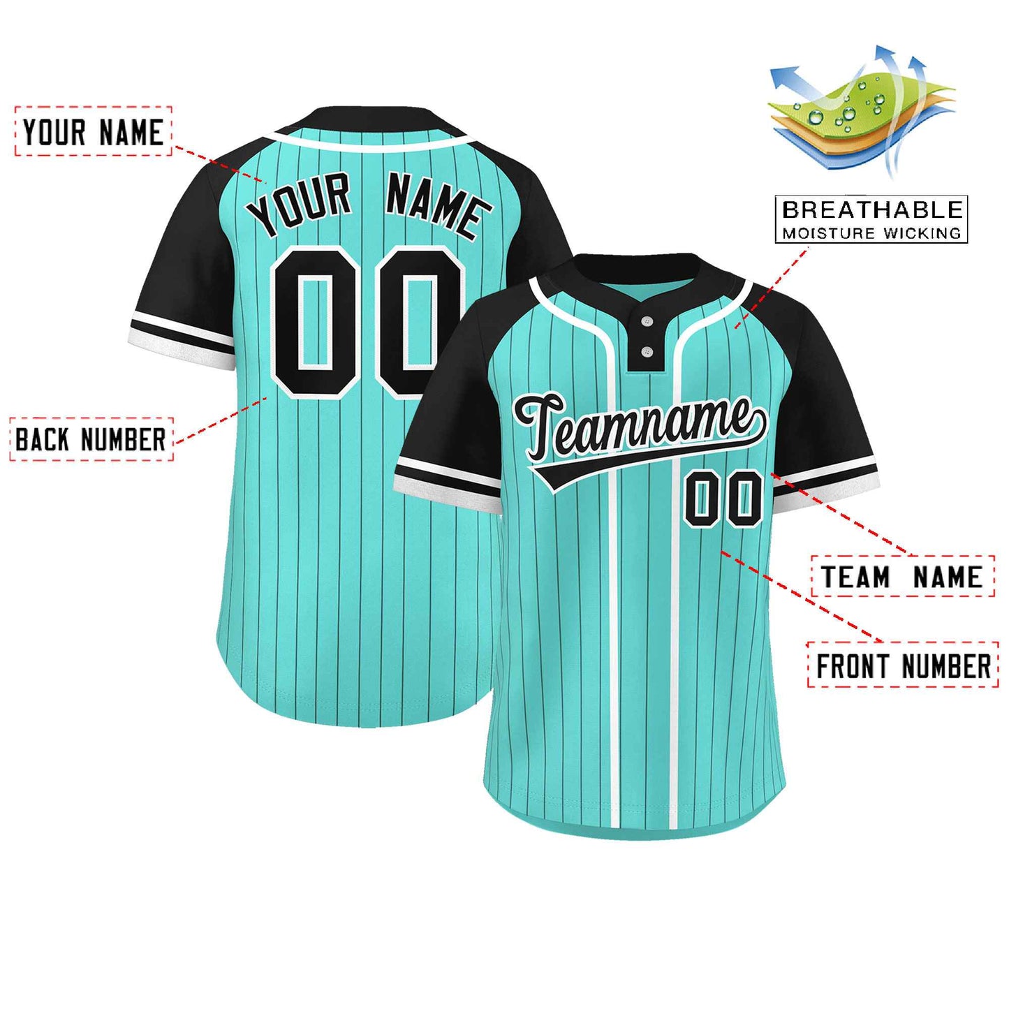 Custom Aqua Black-White Stripe Fashion Raglan Sleeves Authentic Two-Button Baseball Jersey