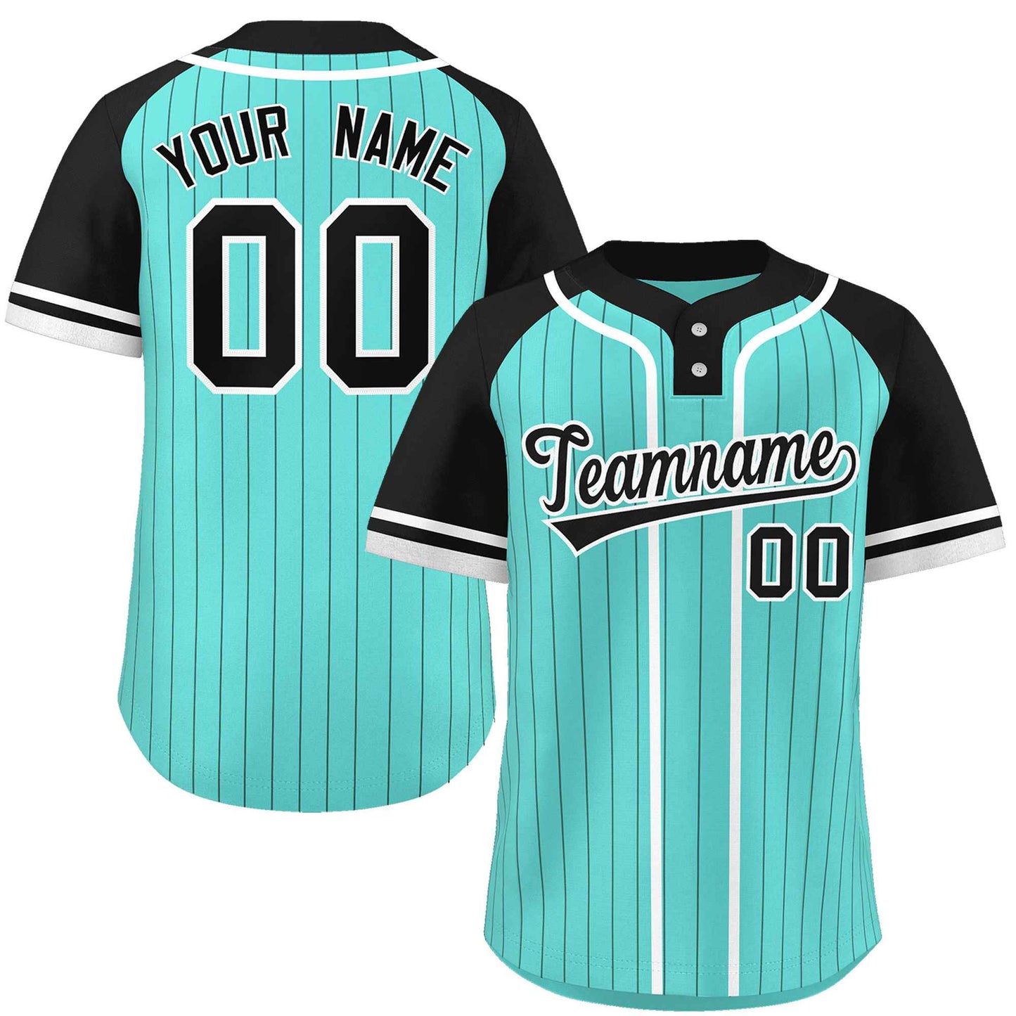 Custom Aqua Black-White Stripe Fashion Raglan Sleeves Authentic Two-Button Baseball Jersey