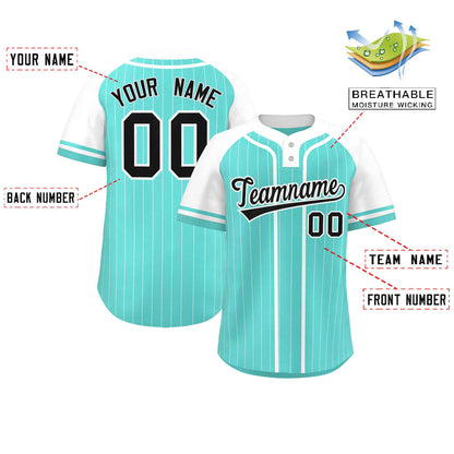 Custom Aqua White Stripe Fashion Raglan Sleeves Authentic Two-Button Baseball Jersey