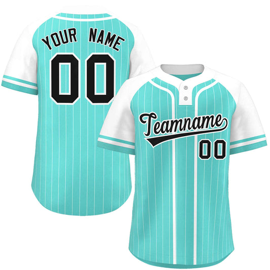 Custom Aqua White Stripe Fashion Raglan Sleeves Authentic Two-Button Baseball Jersey