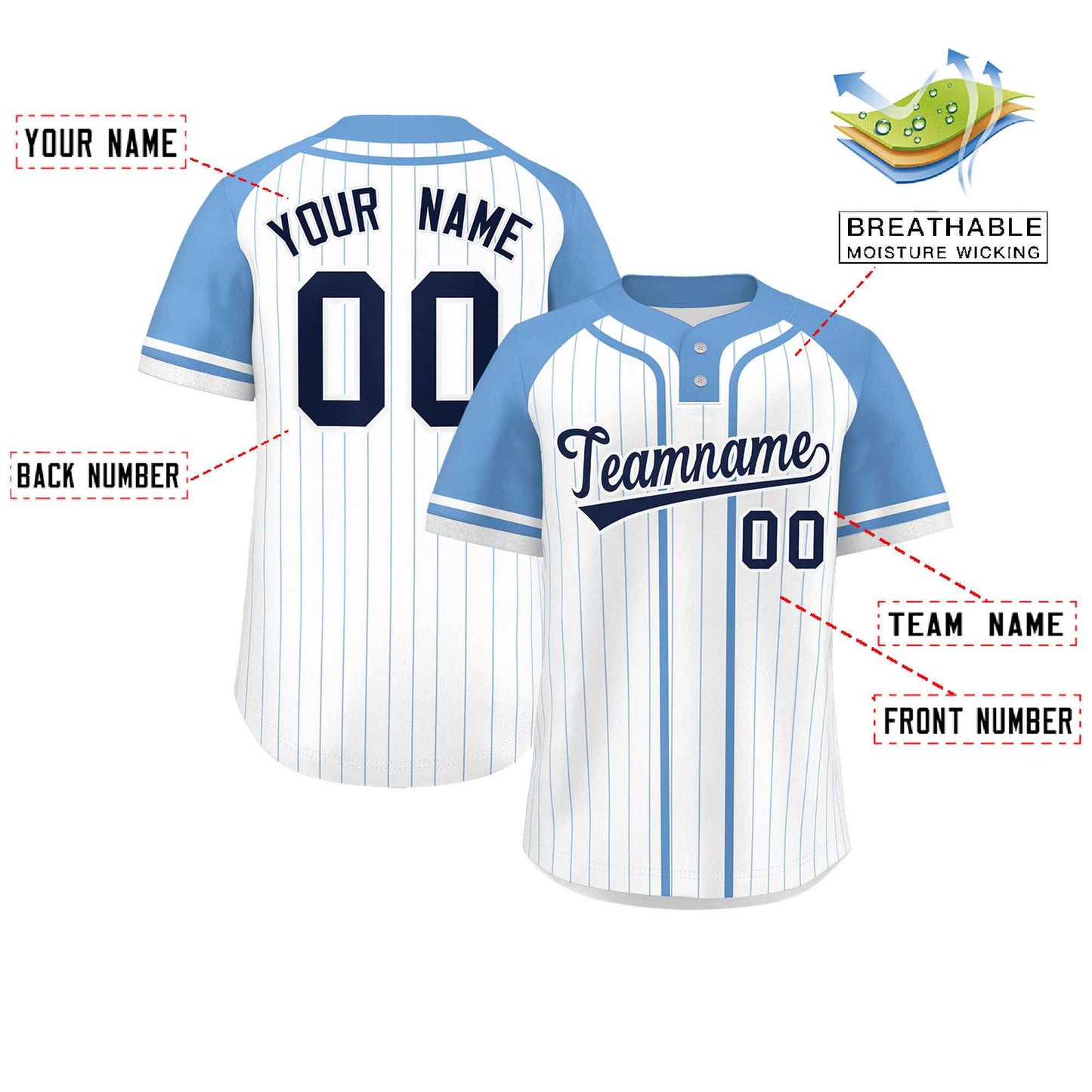 Custom White Light Blue Stripe Fashion Raglan Sleeves Authentic Two-Button Baseball Jersey