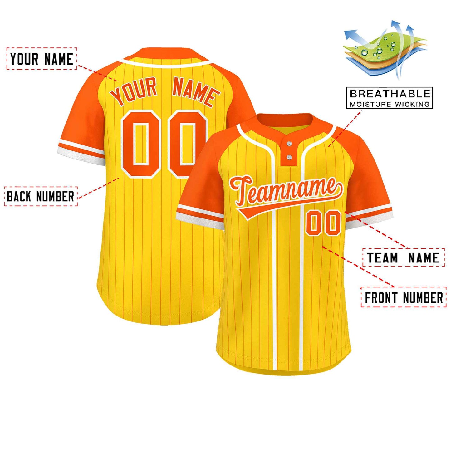 Custom Gold Orange-White Stripe Fashion Raglan Sleeves Authentic Two-Button Baseball Jersey