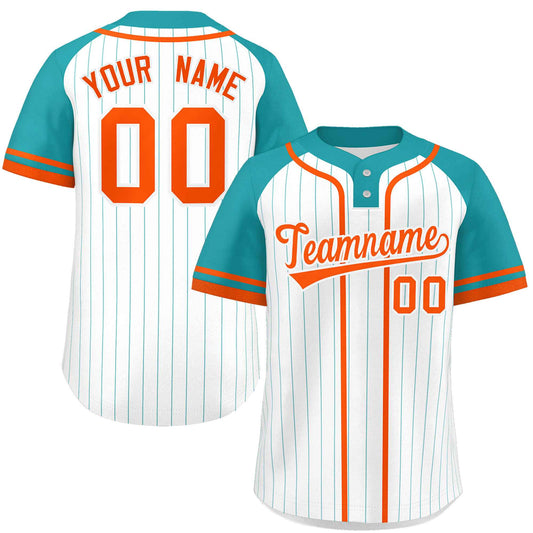 Custom White Aqua-Orange Stripe Fashion Raglan Sleeves Authentic Two-Button Baseball Jersey