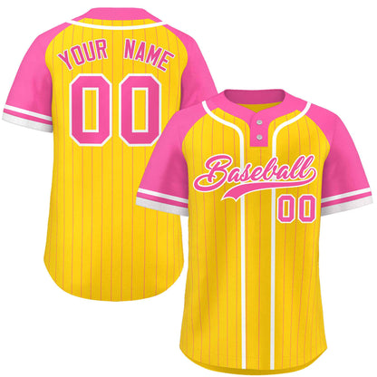 Custom Gold Pink-White Stripe Fashion Raglan Sleeves Authentic Two-Button Baseball Jersey