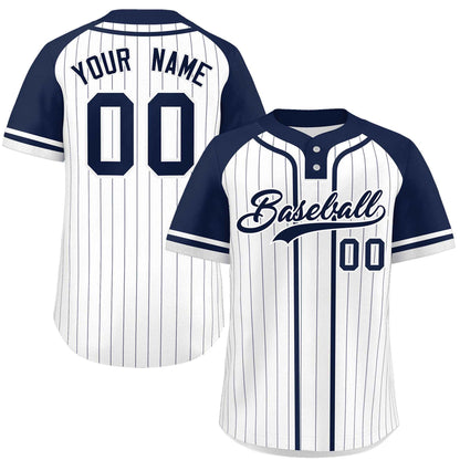 Custom White Navy Stripe Fashion Raglan Sleeves Authentic Two-Button Baseball Jersey