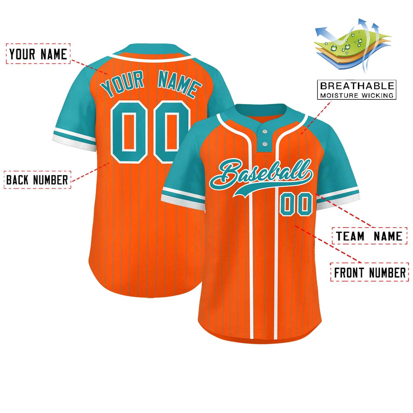 Custom Orange Aqua-White Stripe Fashion Raglan Sleeves Authentic Two-Button Baseball Jersey