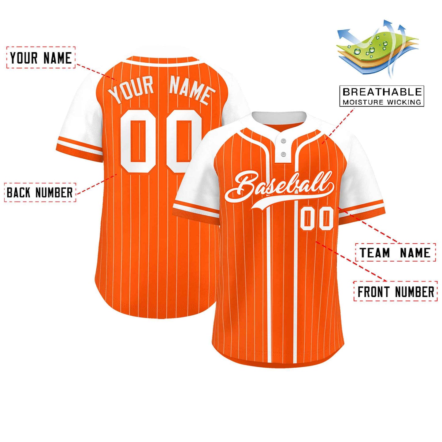 Custom Orange White Stripe Fashion Raglan Sleeves Authentic Two-Button Baseball Jersey