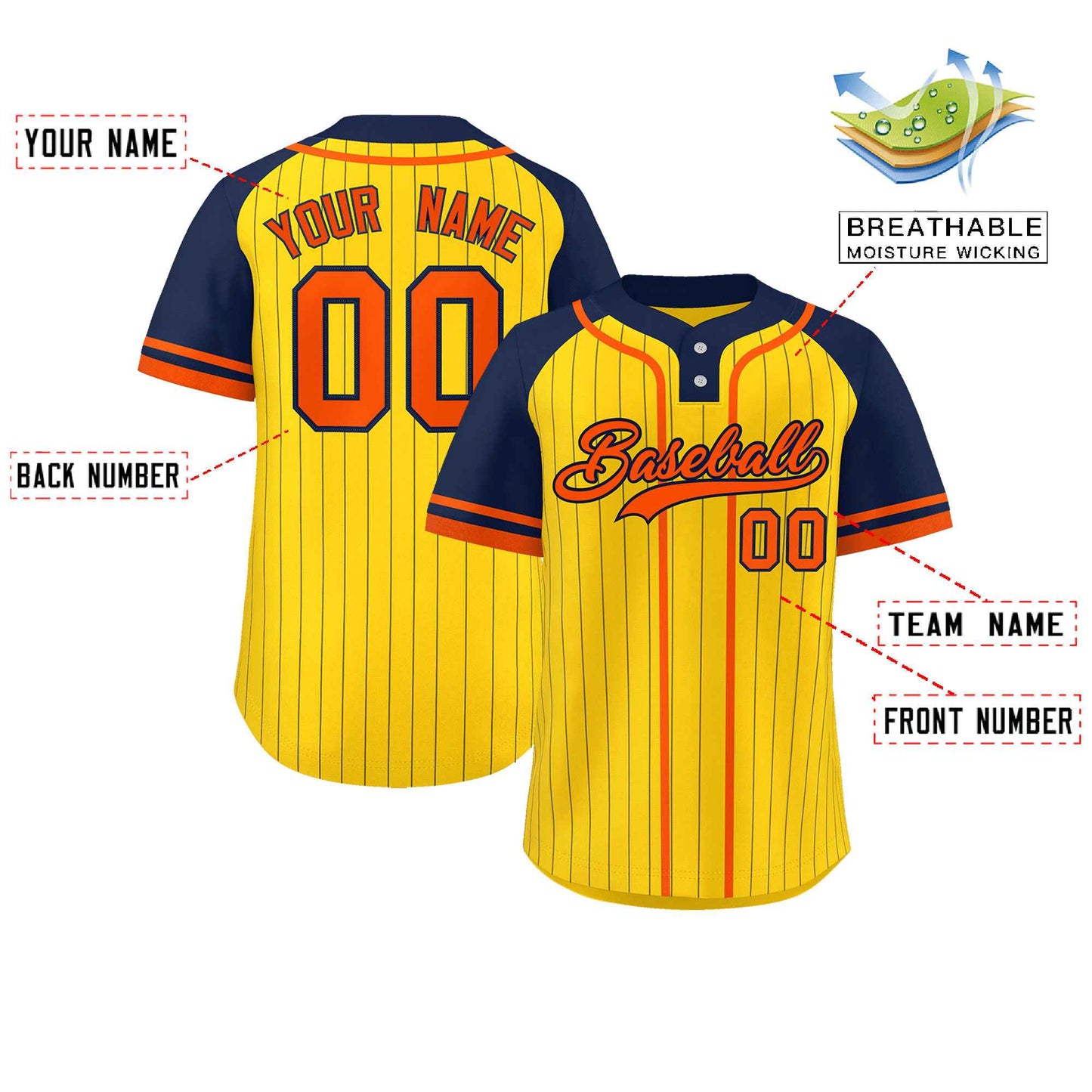 Custom Gold Navy-Orange Stripe Fashion Raglan Sleeves Authentic Two-Button Baseball Jersey