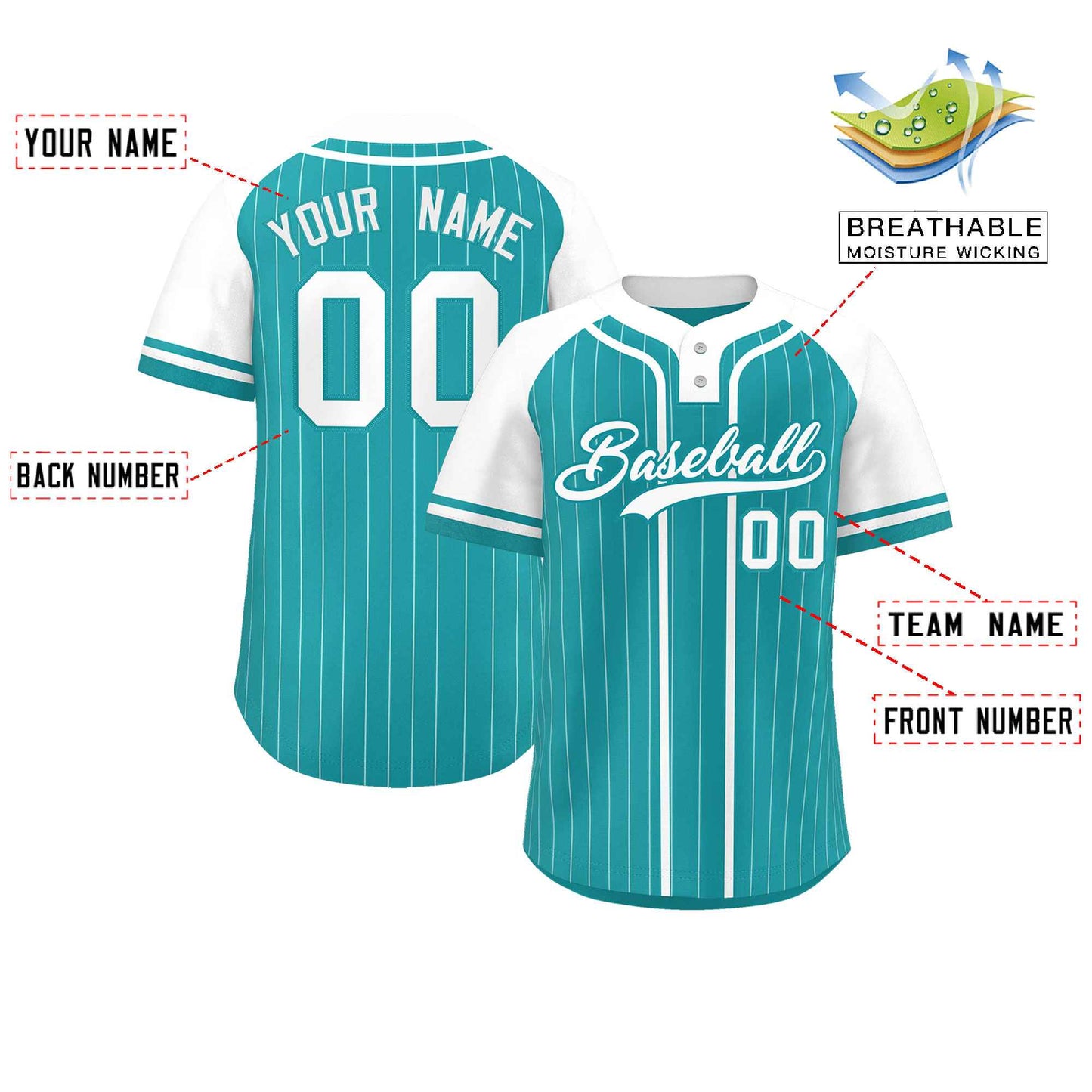 Custom Aqua White Stripe Fashion Raglan Sleeves Authentic Two-Button Baseball Jersey