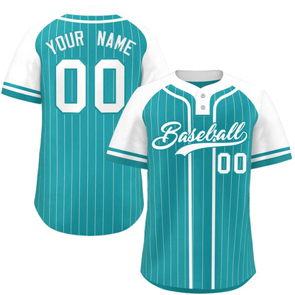 Custom Aqua White Stripe Fashion Raglan Sleeves Authentic Two-Button Baseball Jersey