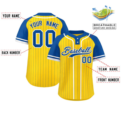 Custom Gold Royal-White Stripe Fashion Raglan Sleeves Authentic Two-Button Baseball Jersey